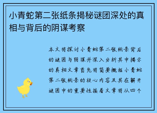 小青蛇第二张纸条揭秘谜团深处的真相与背后的阴谋考察